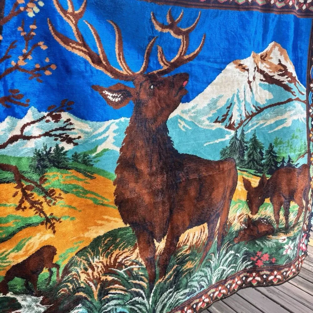 Vtg Velour Velvet Tapestry Wall Hanging Elk Deer Cabin Meadow Landscape Cabin